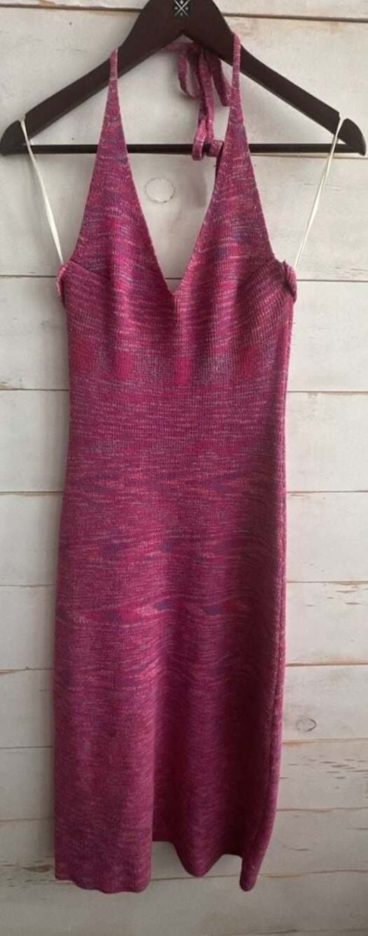 8 Birdies Women's Pink Multi-Color Knit Halter Bodycon Midi Dress